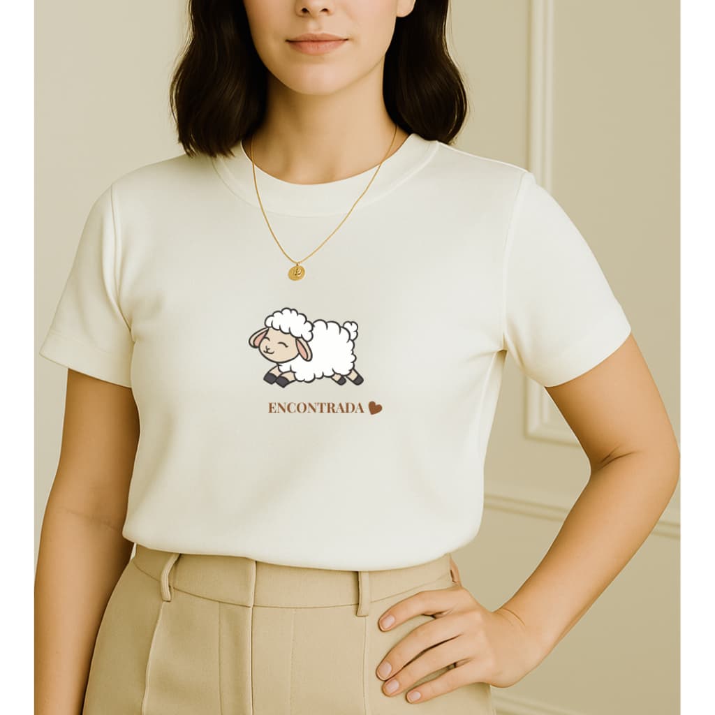 Blusa T shirt Feminina Cristã 100 % Algodão gola Ribana "ovelha encontrada"