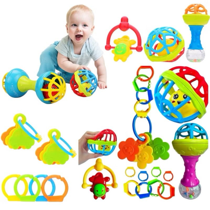 Kit Bebe Chocalho Mordedor Silicone Macio Bola Colorida 8 Peça Para Menina  Menino Móbile para Berço