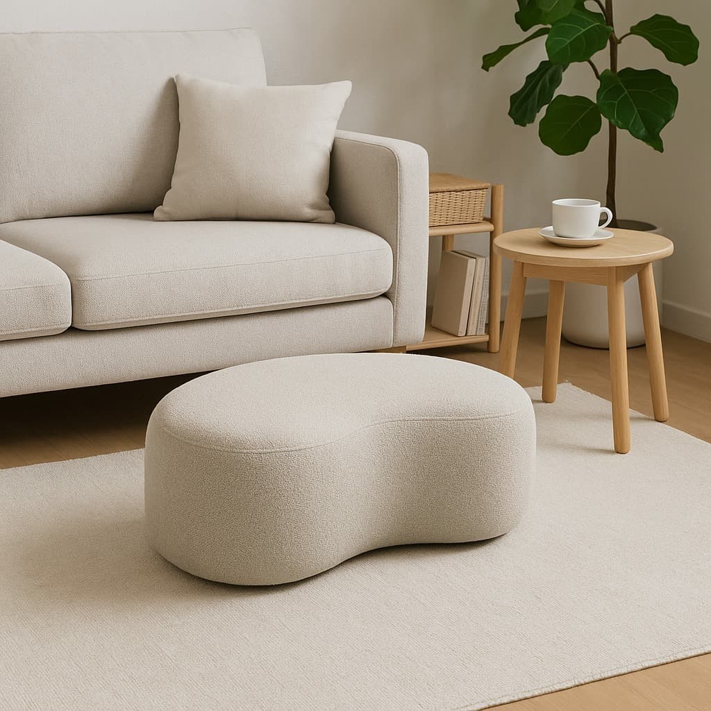 Puff Orgânico Neva Formato Feijão 80cm Tecido Bouclé Design Moderno
