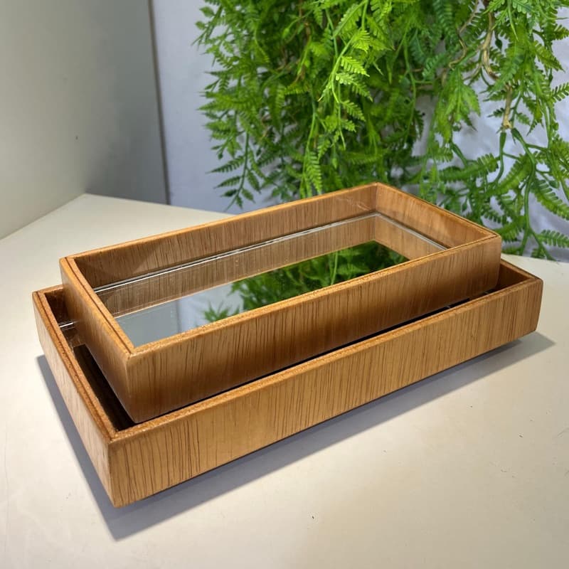 KIT BANDEJA DE MADEIRA RETANGULAR ESCURA - Decorativa Espelho Decoração Aconchegante Organizadora