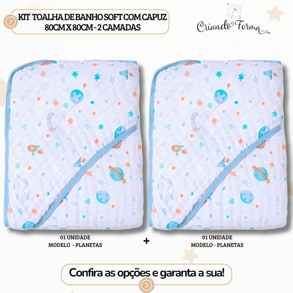 Kit com 2 Toalhas de Banho Soft com Capuz - 2 Camadas de Fralda - Tecido 100% Algodão - 80cm x 80cm