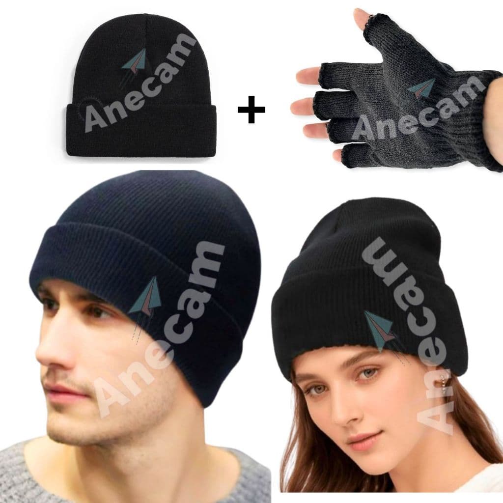 Touca de frio Inverno Preta Mais Luva Sem dedo Preta Kit Toca + Luva Super Quentinha Unissex