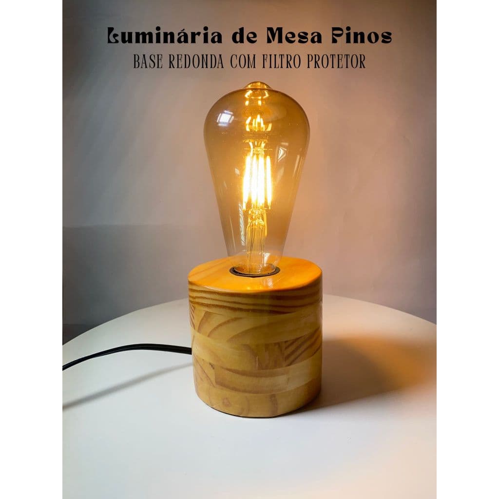 Luminária de mesa madeira pinus abajur minimalista redondo