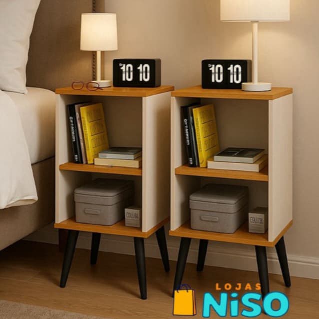 Kit 2 Mesas de Cabeceira Mudo para Quarto Charme Retrô COR Off White/freijo Madeira - QUEIMA ESTOQUE