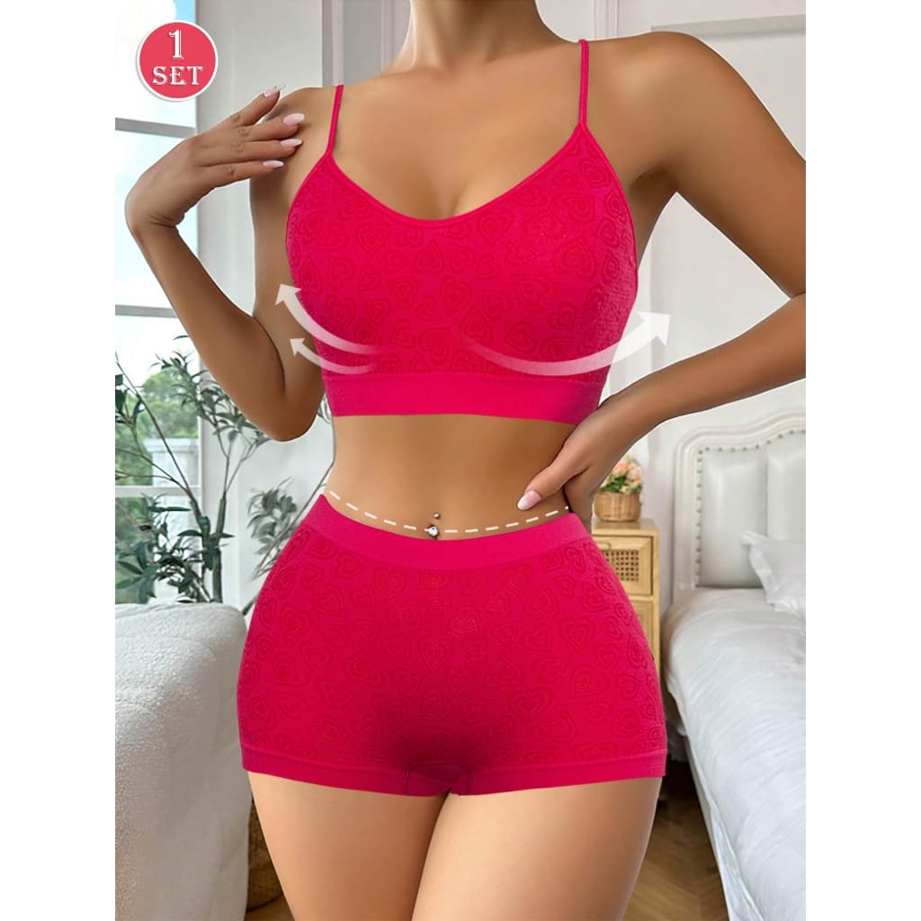 1 Conjunto de Soutien - Gorge Feminino e Boxer Feminina com Design de Coração Vermelho e Alças Ajustáveis 9298