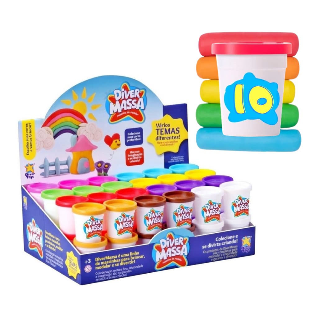 kit 10 Potes de Massinha de Modelar Colorida Divertoys