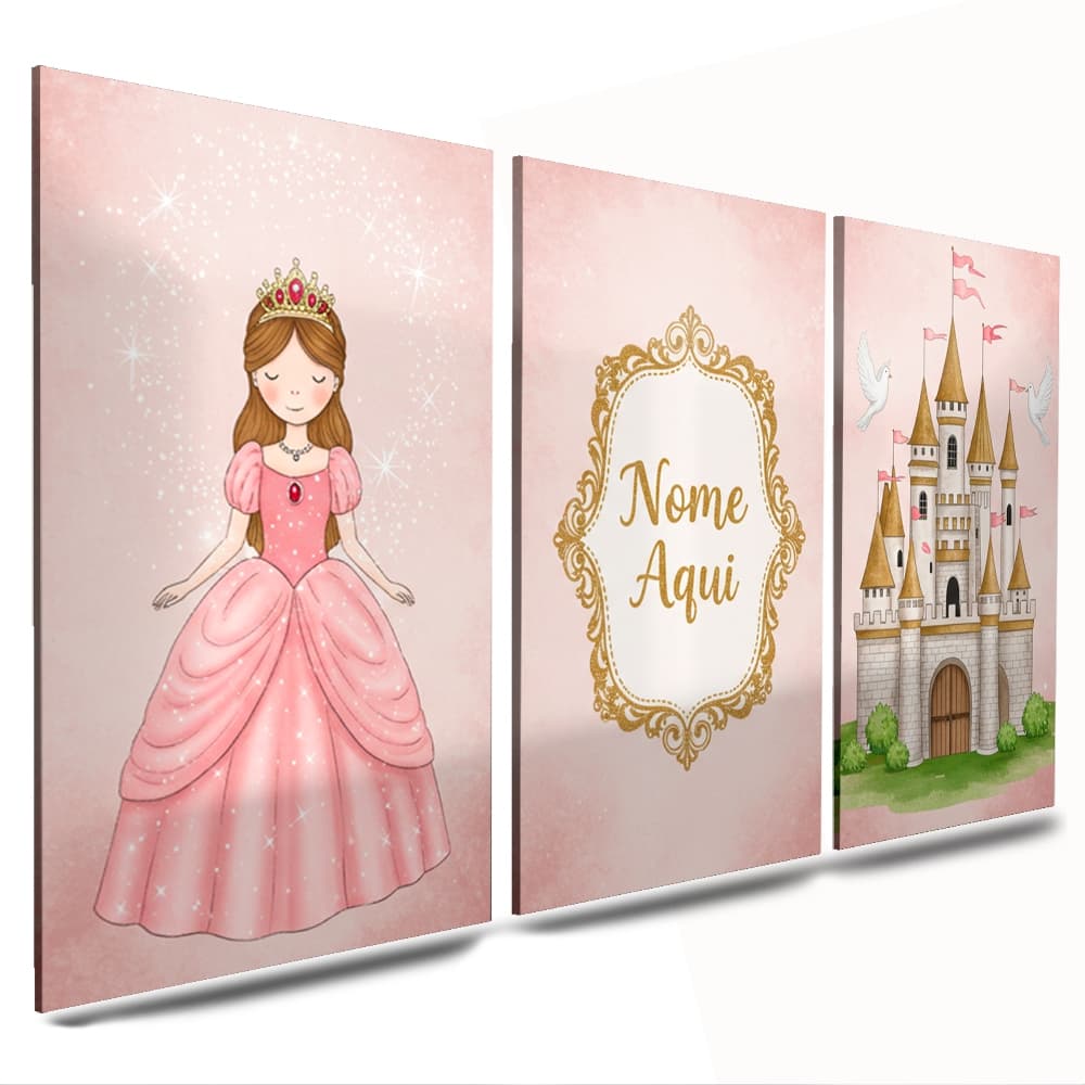 quadro decorativo infantil de menina (nome personalizado) princesa castelo rosa