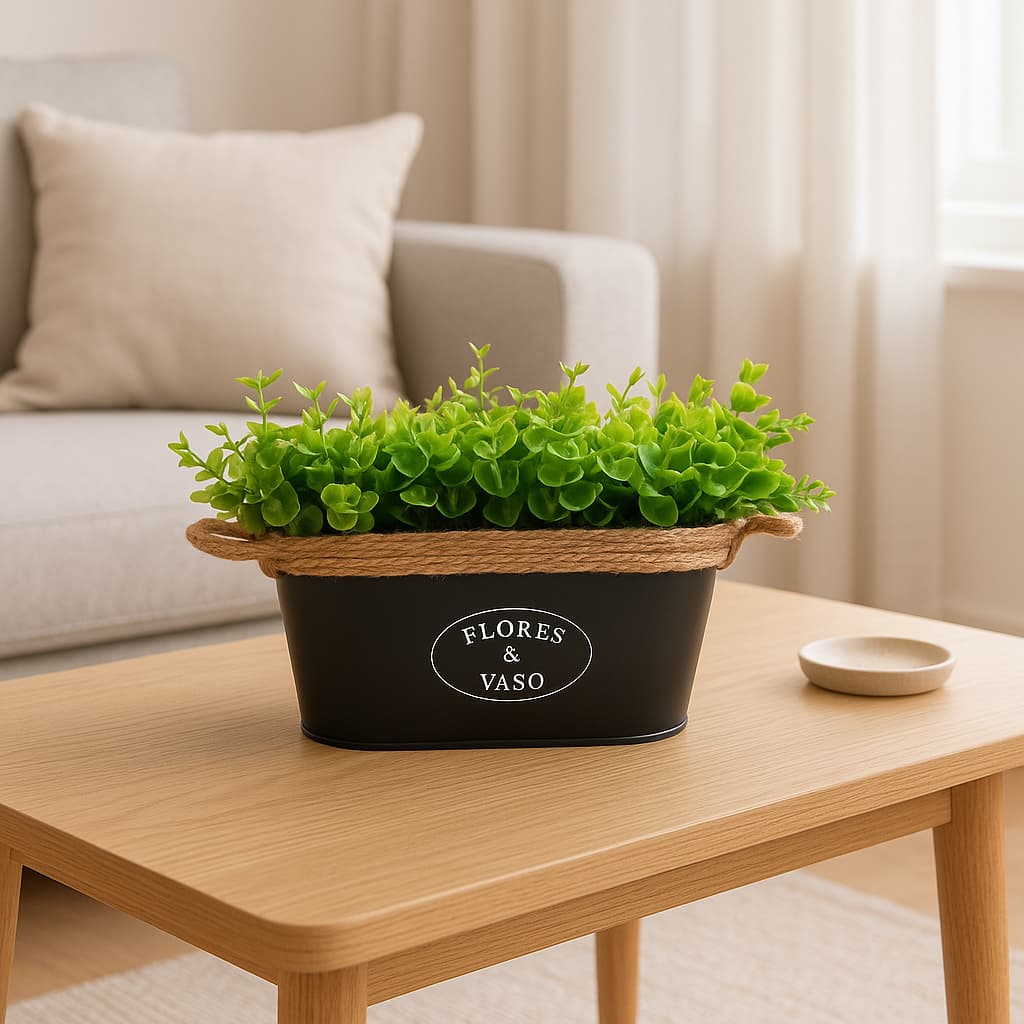 Vaso Cachepô de Metal com Alça de Sisal e Planta Artificial – Decoração Sofisticada e Prática