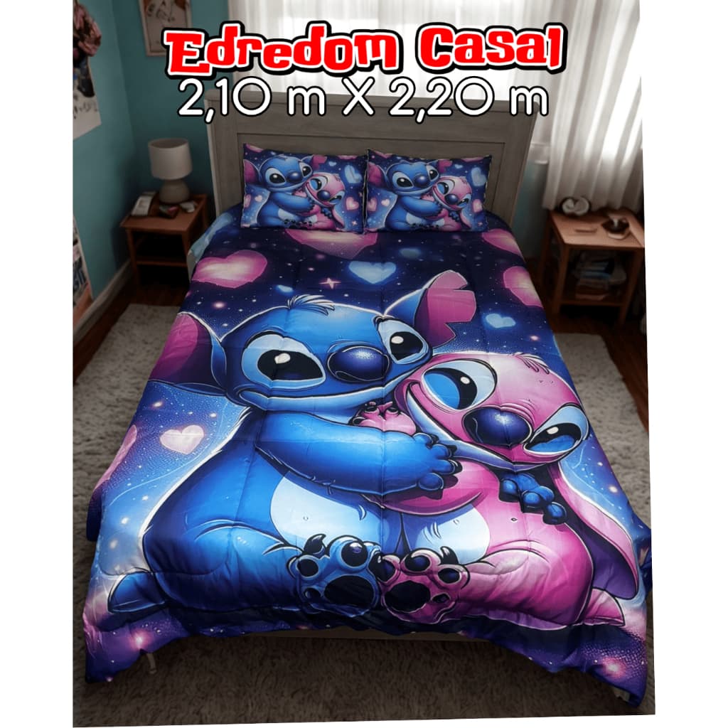 Edredom Stitch Casal com 2 Travesseiros lilo e stitch 3 peças 2,10 x 2,20 m
