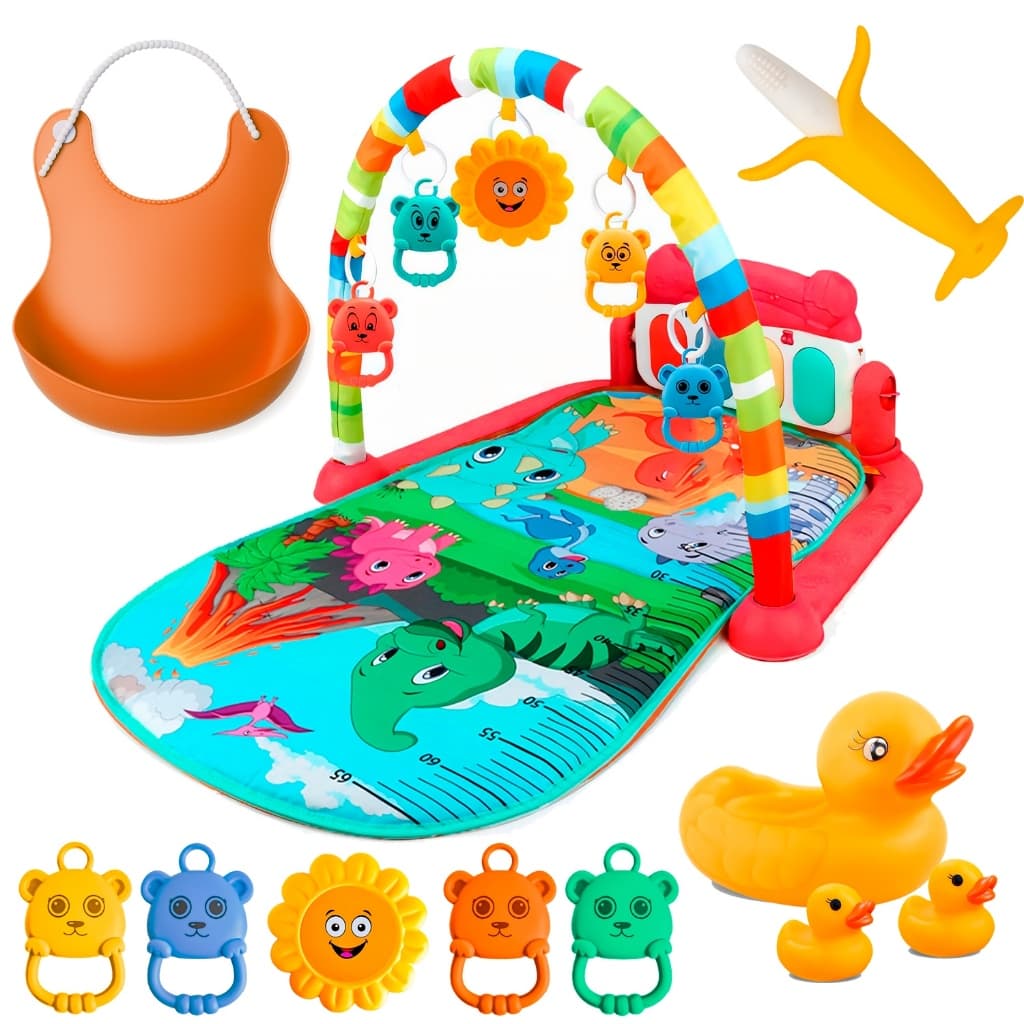 Kit Tapete De Atividades Infantil Com Babador Mordedor E Patinhos De Banho