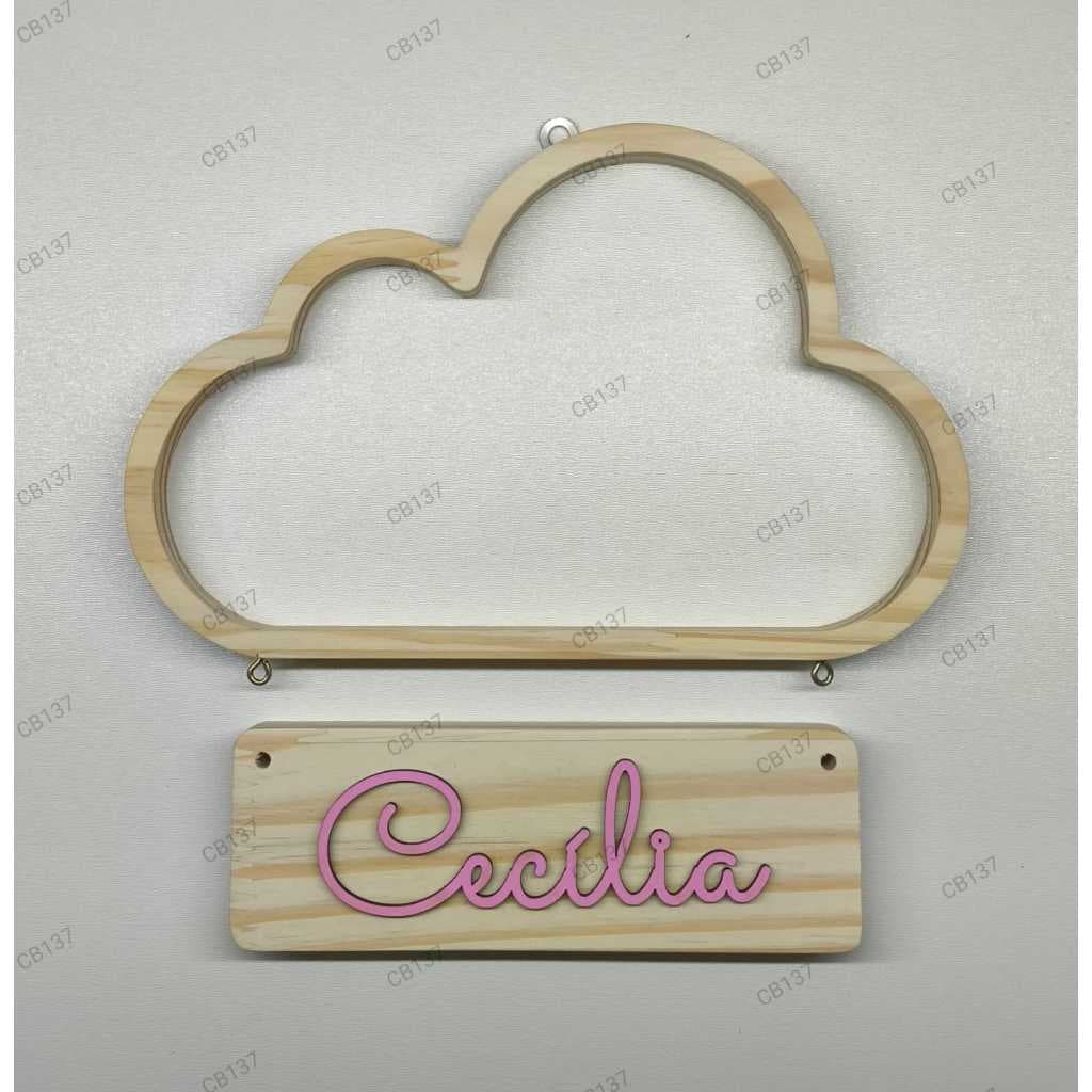 Nicho nuvem em madeira pinus (27x17) com placa +  nome colorido (adesivado vinil) - com ou sem placa
