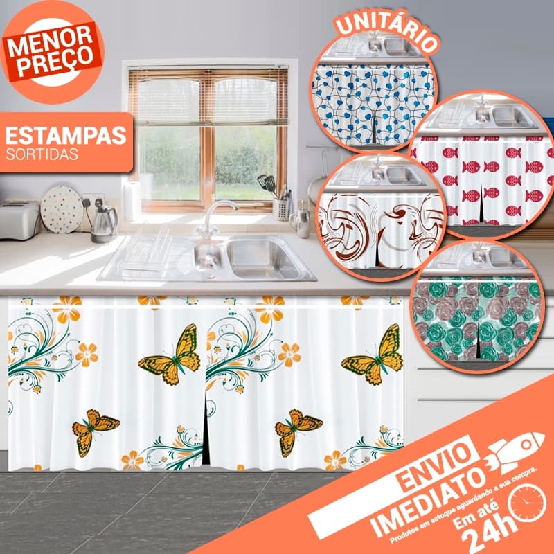 Cortina de Pia PE 138x80cm Decoração Cozinha Várias Estampas Sortidas - Envio Imediato