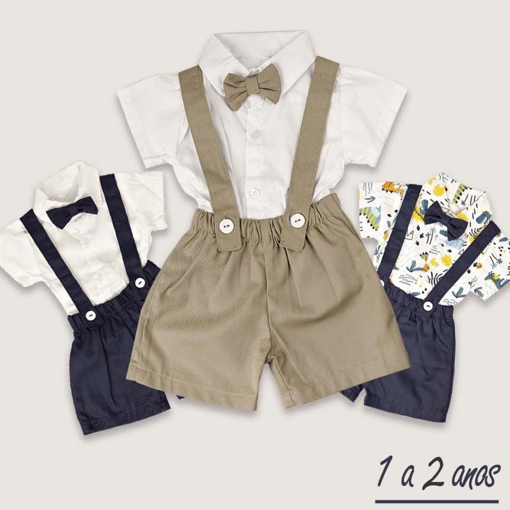 Conjunto Infantil Camisa Social + Bermuda com Suspensório + Gravata Borboleta Até 2 Anos