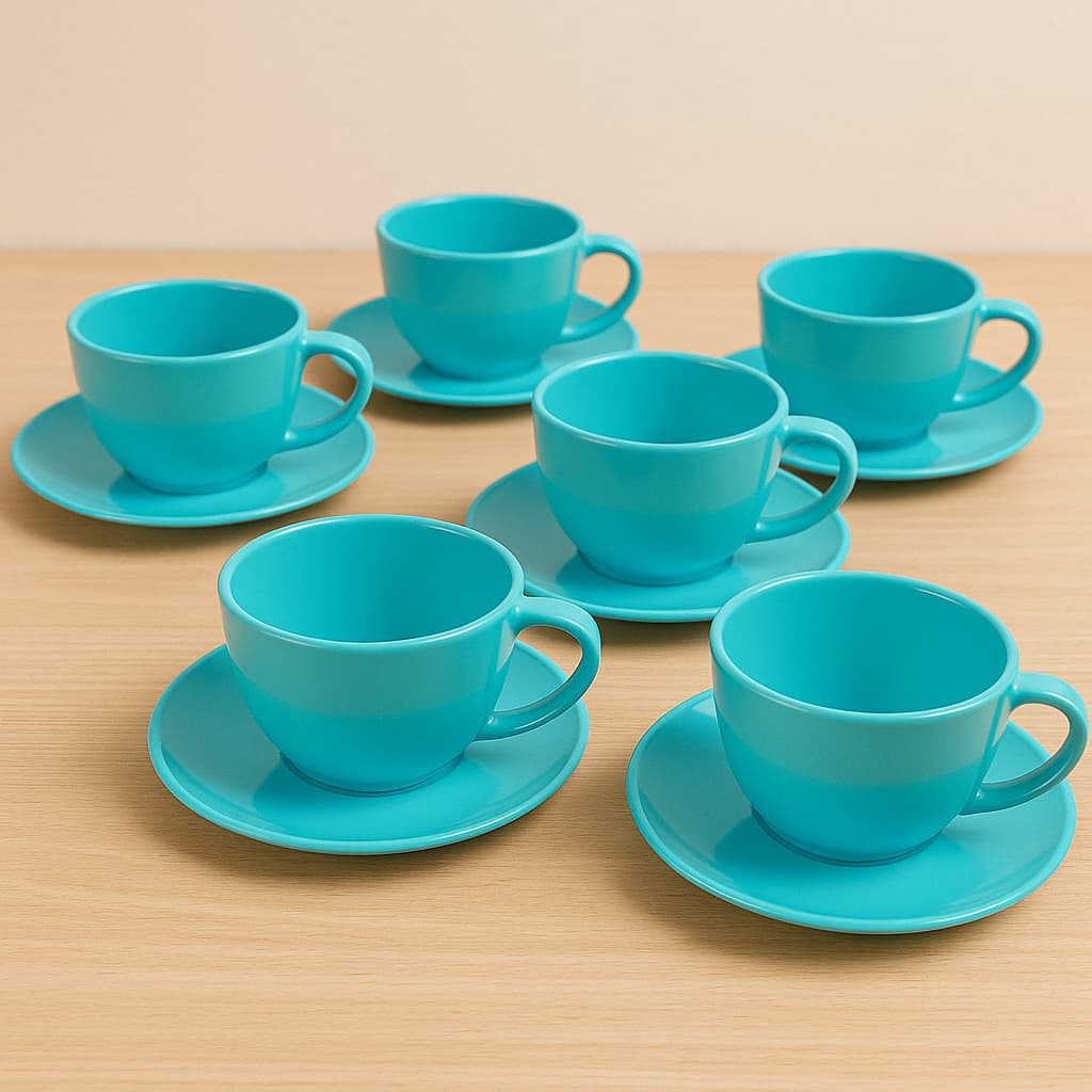 JOGO DE XÍCARAS COM PIRES 16 PEÇAS -8 PIRES -8 XÍCARAS 200ML ACRÍLICO COR AZUL TIFFANY PARA CHÁ/CAFÉ