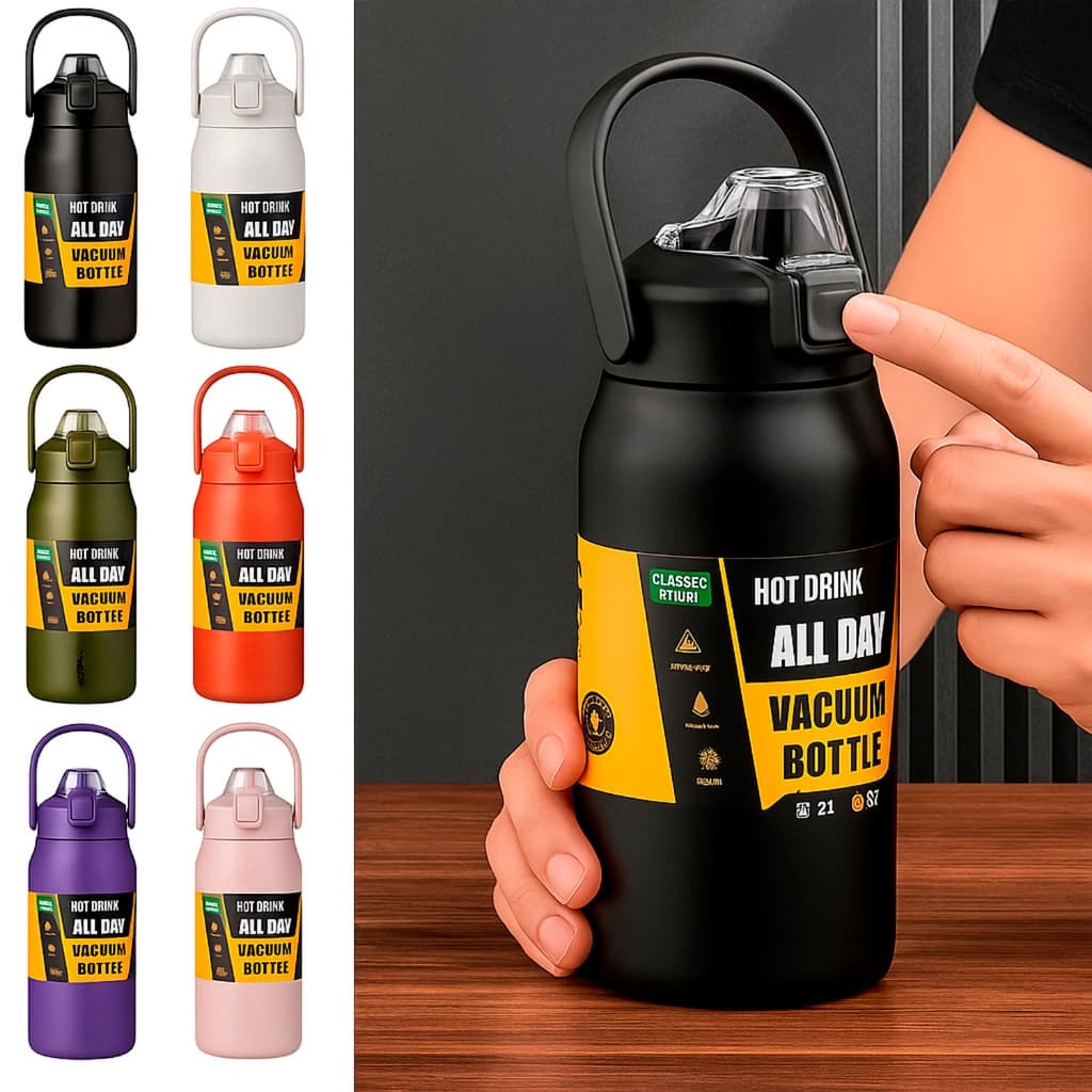 Garrafa Térmica De Viagem Acampamento Inox 1200ml Com Isolamento A Vácuo Tampa + Canudo Incluso