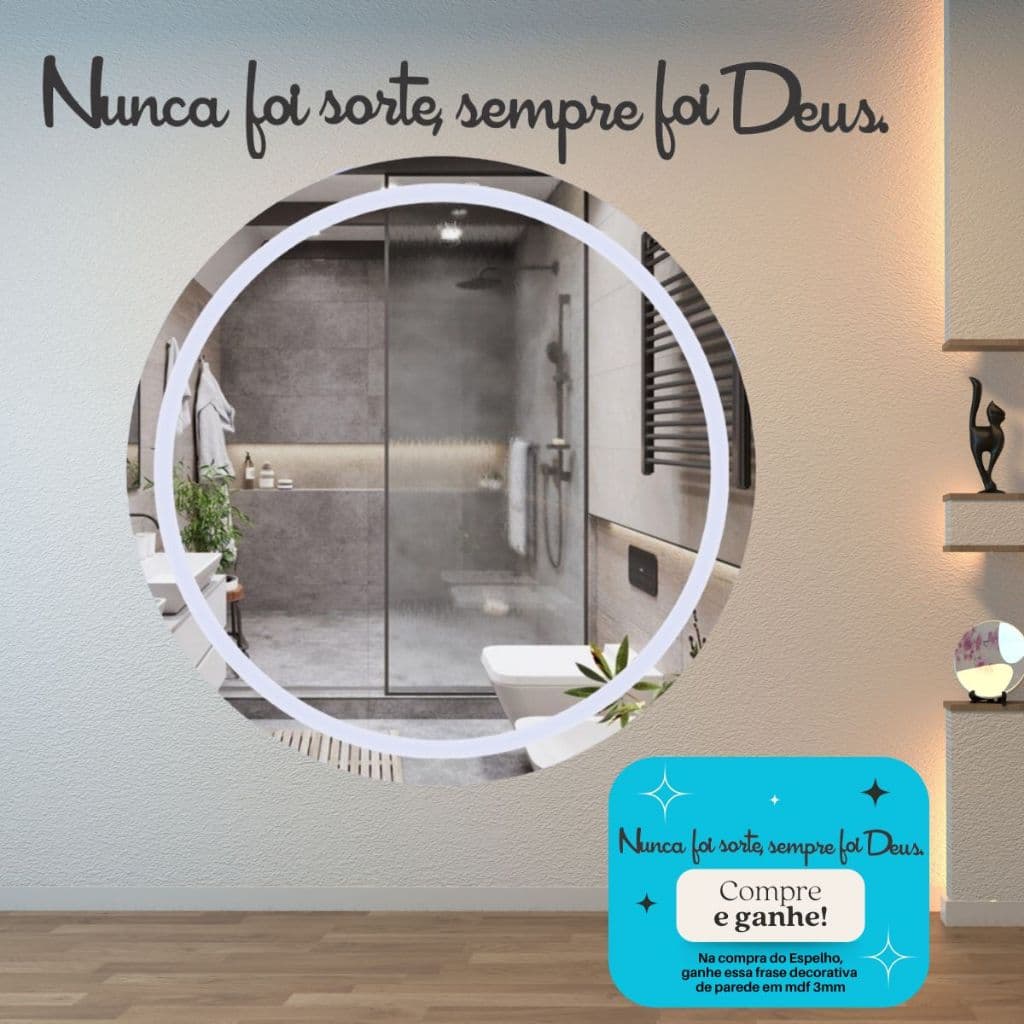 Espelho Grande 90cm Redondo Jateado Premium Led Decoração + Frase Nunca Foi Sorte Sempre Foi Deus