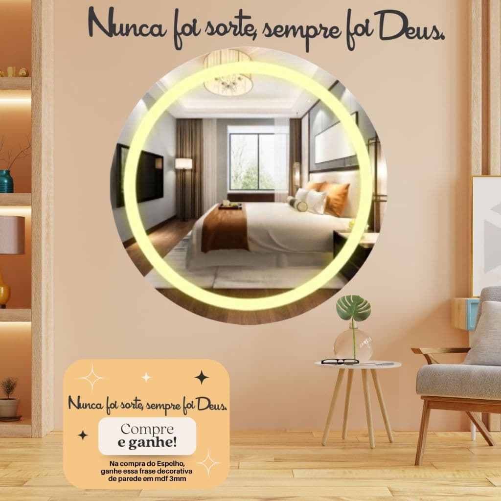 Espelho Premium Redondo 80cm Jateado Decoração Com Led Touch Screen + Brinde Frase Decorativa Mdf