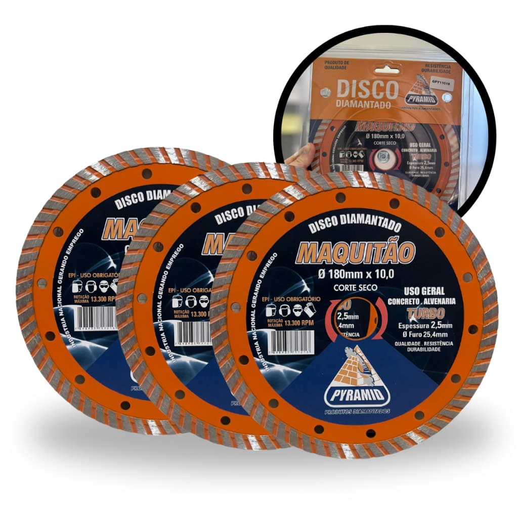3 Un Disco de Corte Diamantado Turbo Maquitão (180mm) Concreto Mármore Granito Alvenaria