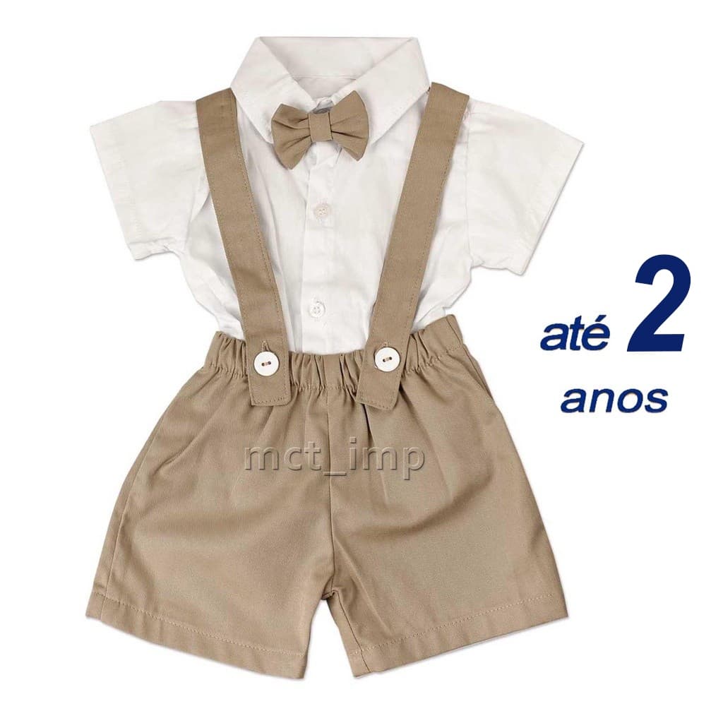 Conjunto Social Bebê Menino Camisa com Bermuda + Suspensório + Gravata Borboleta