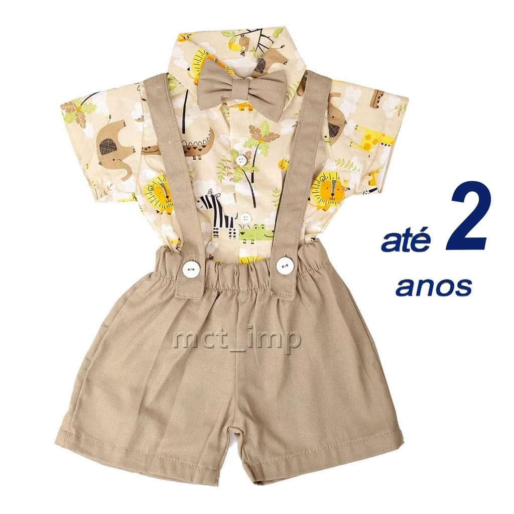 Conjunto Camisa + Bermuda com Suspensório + Gravata Batizado Casamento Festas
