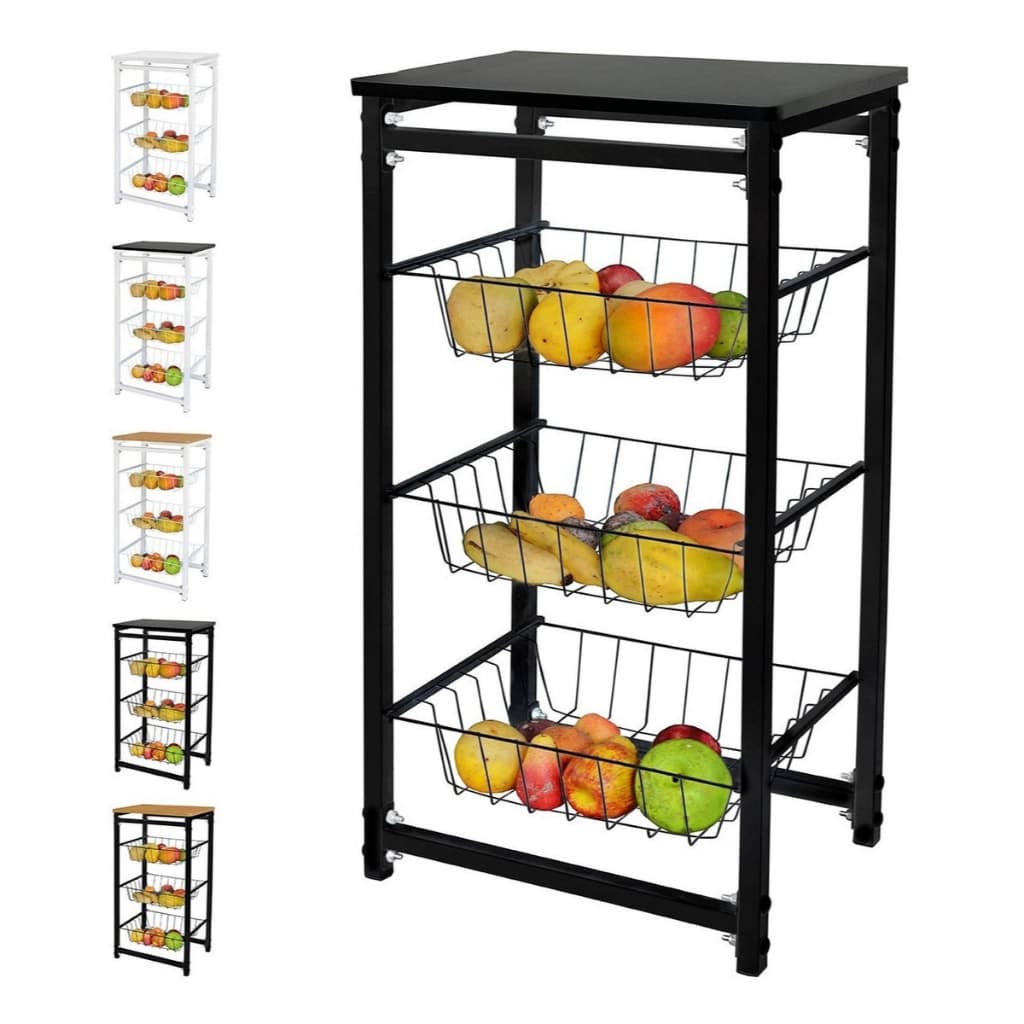 Fruteira de Chão Com 3 Cestos para Cozinha Tampo Madeira MDF Modelo Florença Suporte em Aço
