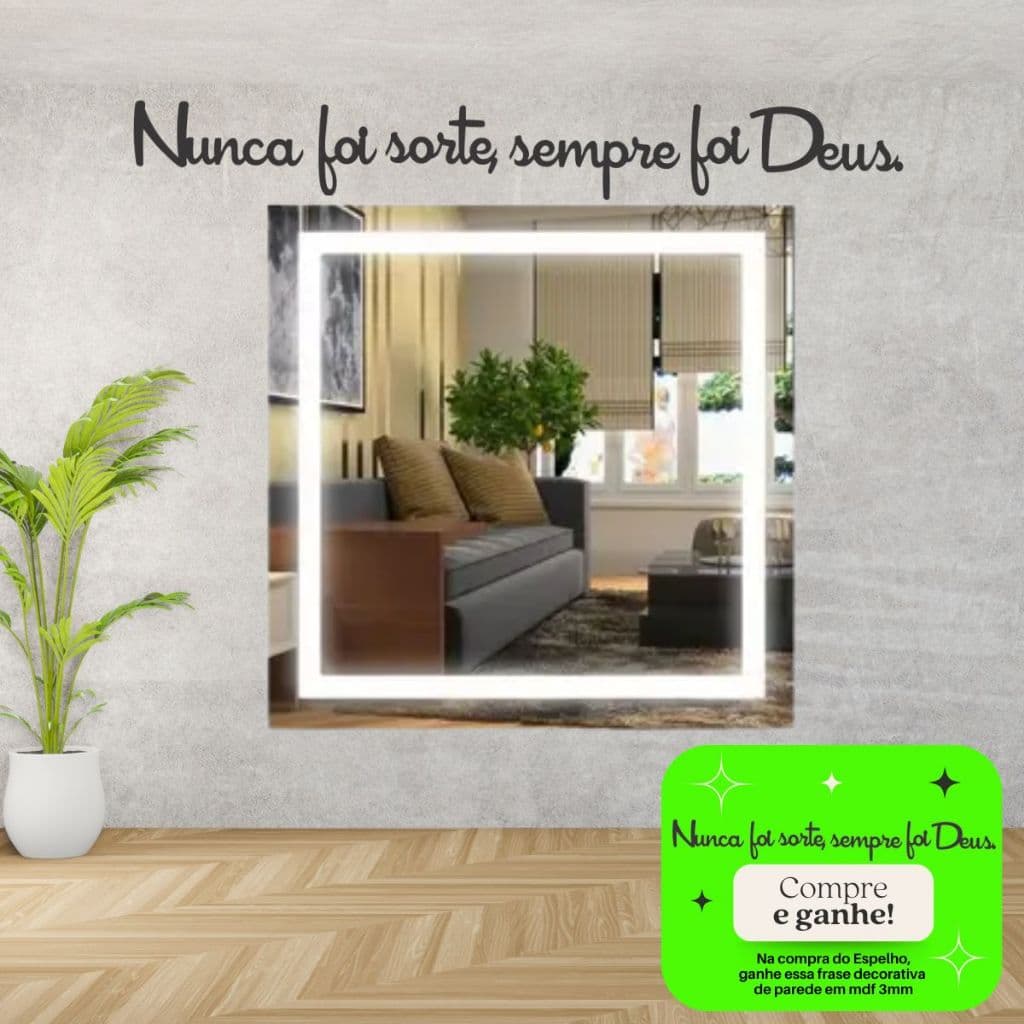 Espelho Premium Jateado 80cm Quadrado Com Led Decoração de Casa Quarto Sala Banheiro + Brinde Frase