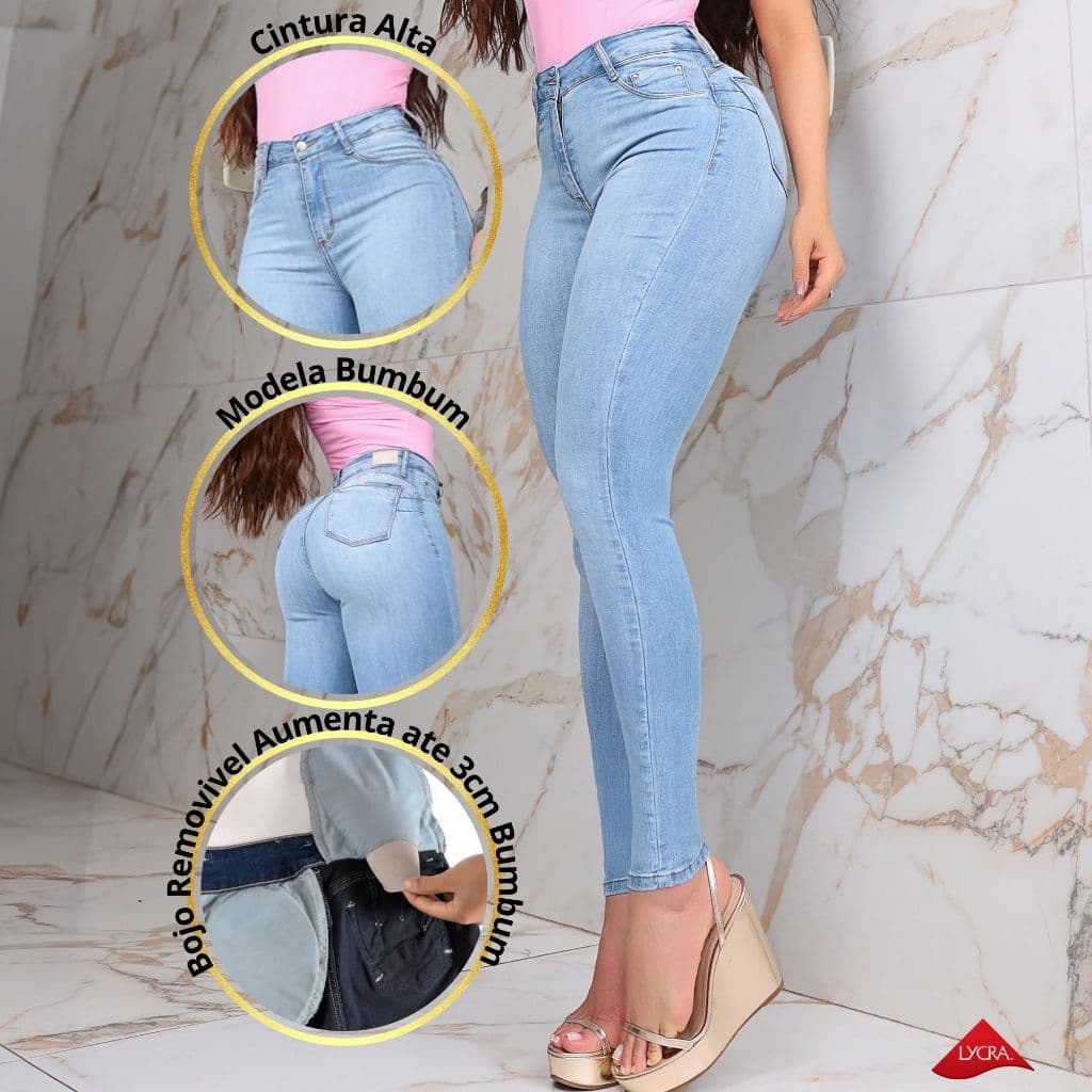 Calça Jeans Skinny Modeladora Feminina com Bojo Removível Levanta e Aumenta Bumbum