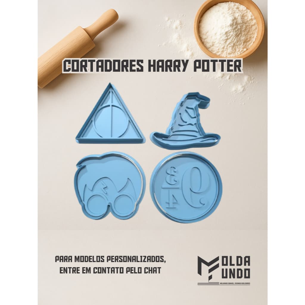 Kit com 4 Cortadores de Bolacha/Biscoito do Harry Potter com Puxador