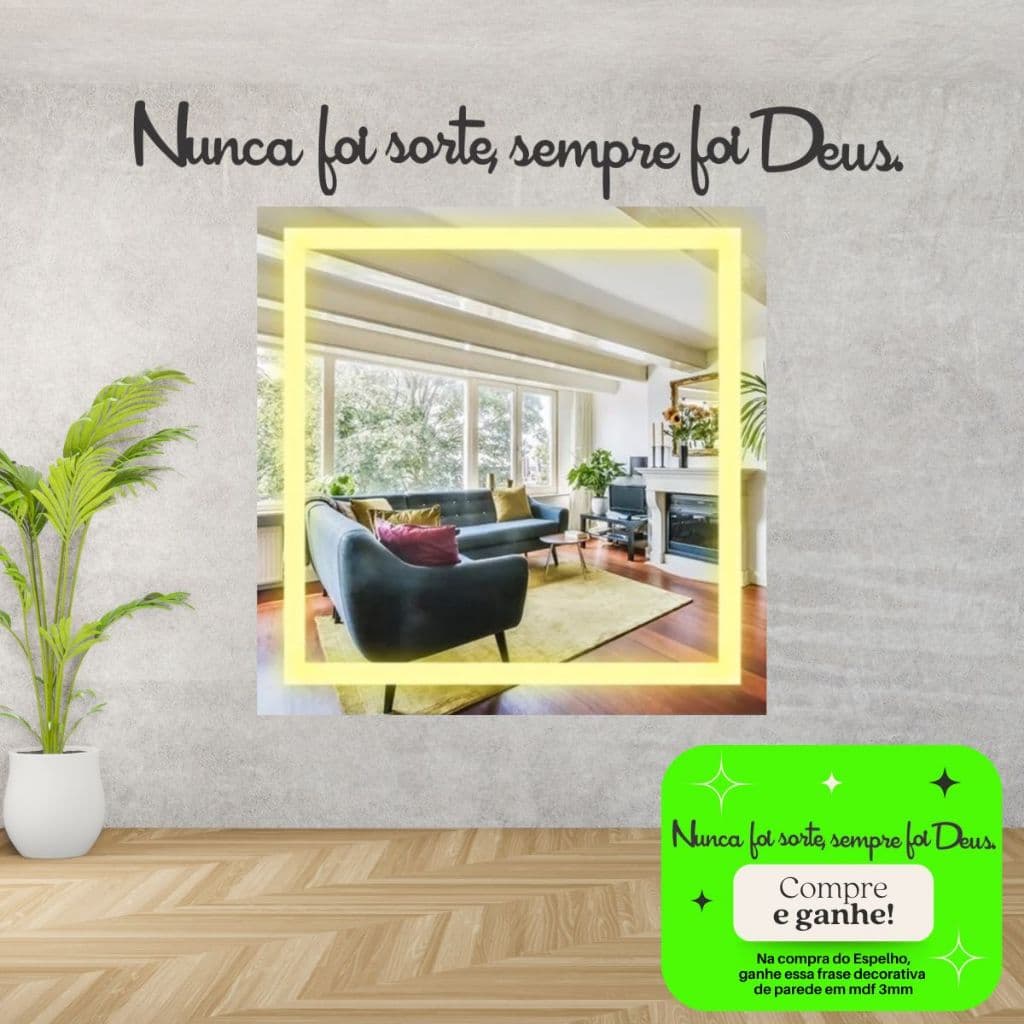 Espelho Com Led Quadrado 90cm Premium Decoração Sala + Frase MDF 3mm Nunca Foi Sorte Sempre Foi Deus