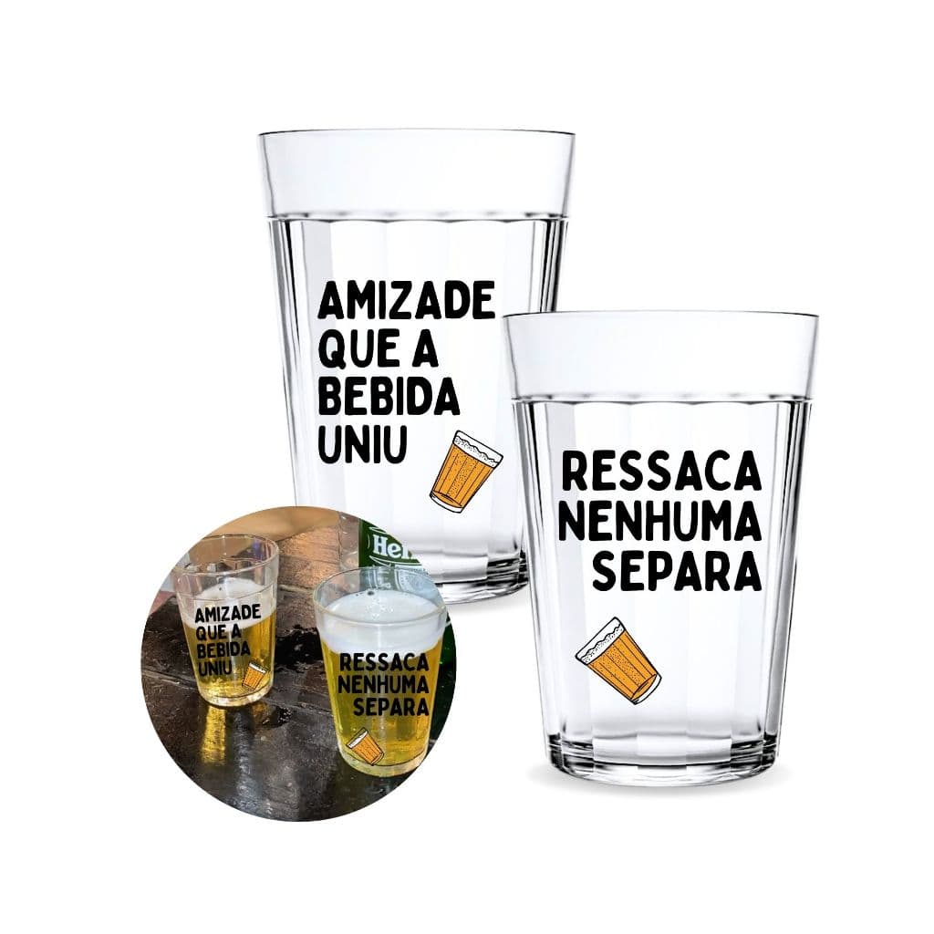 Kit 2 Copos Americano 190ml Combinado Estampado Frase Engraçada Amizade Cerveja Ressaca Vidro