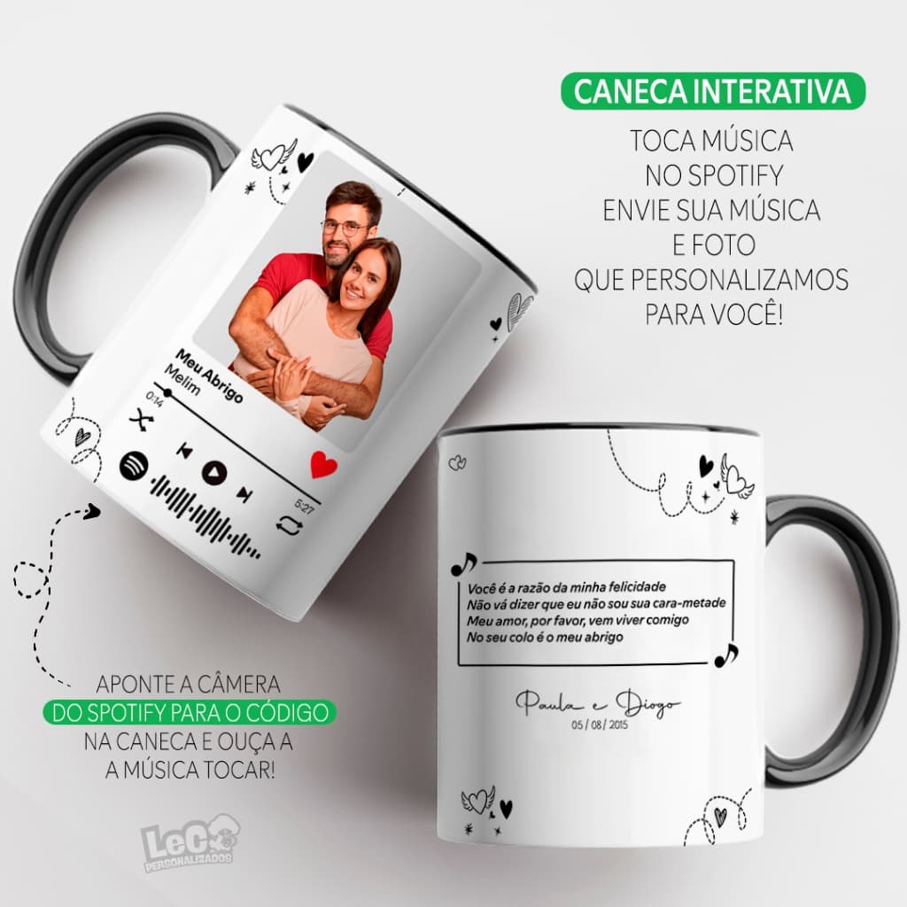 Caneca Spotify Interativa com Música - Caneca Spotify - Caneca com Música Spotify - Caneca personalizada com música