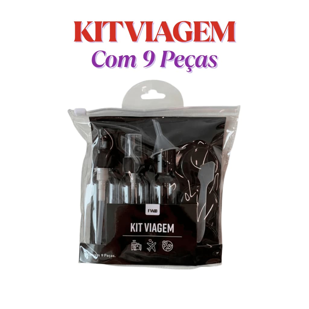 Kit Viagem 9 Itens Portáteis p/ Avião – Higiene Pessoal Bolsa e Mala – Cores Preto Rosa Branco