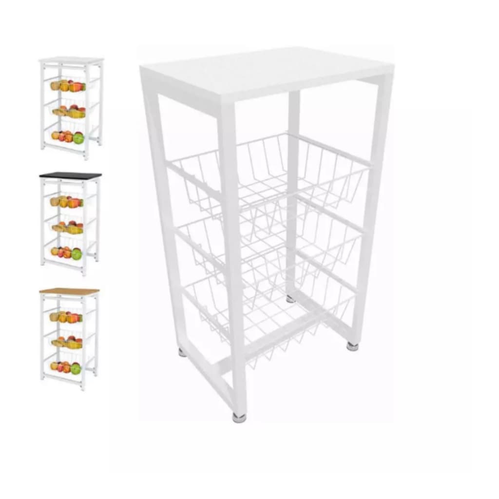Fruteira De Chão Cozinha Metal/Madeira Com Suporte 3 Cestos