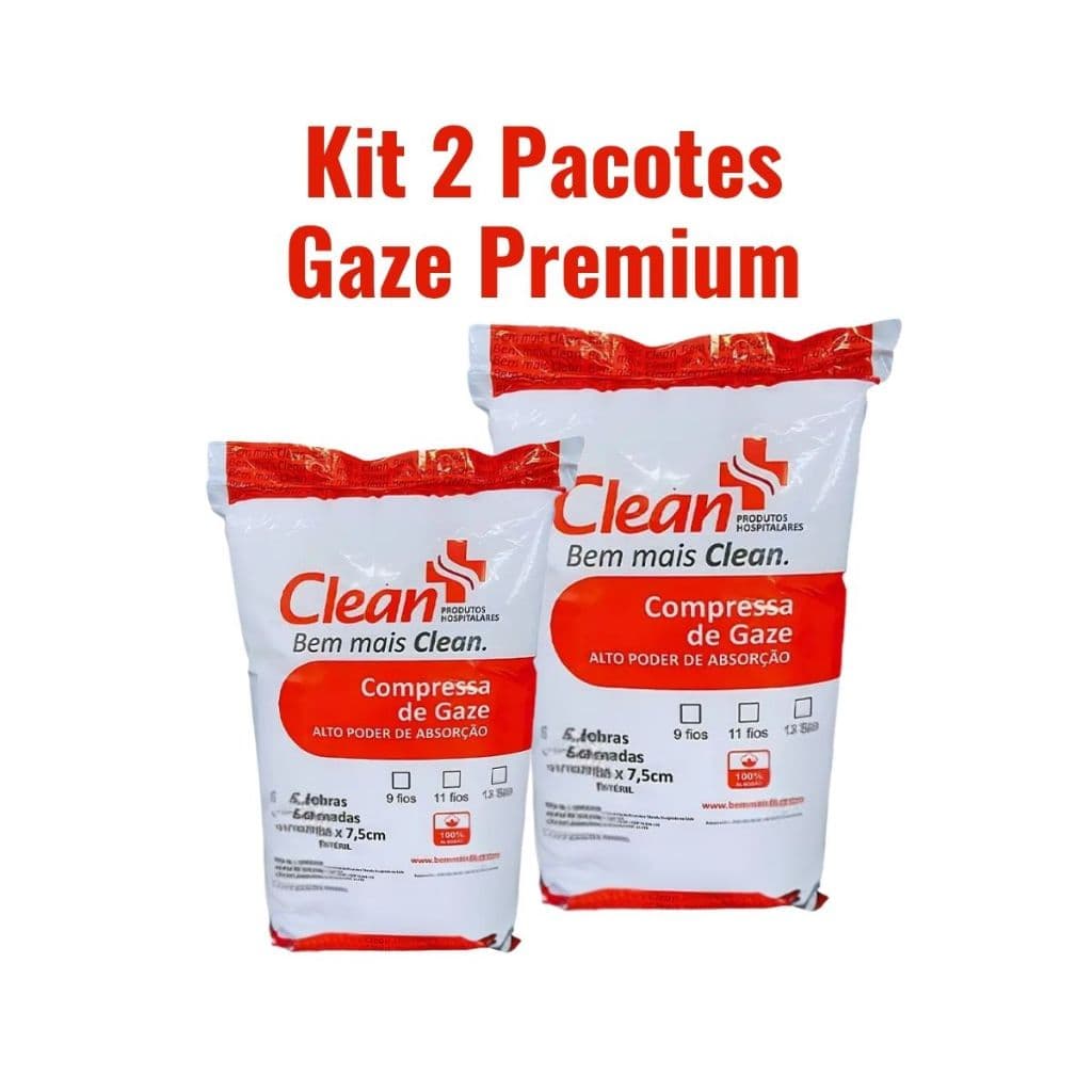 Kit 2 Pacotes Compressa de Gaze 13 Fios Hidrofila Não Estéril Clean Premium 1000 Unidades ou 480G