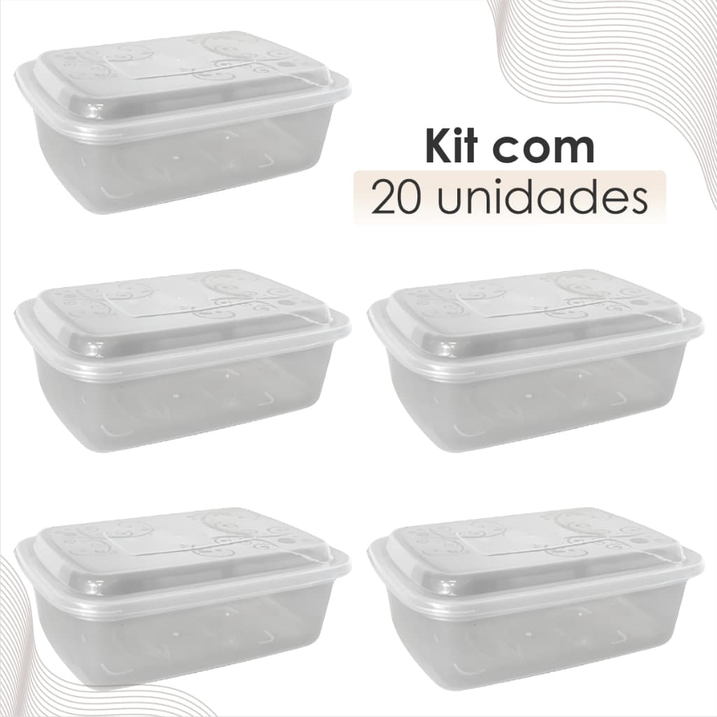 Kit 20 Potes Marmita Fitness 1,5L Plástico Transparente Micro-ondas Freezer Armazenamento Alimento