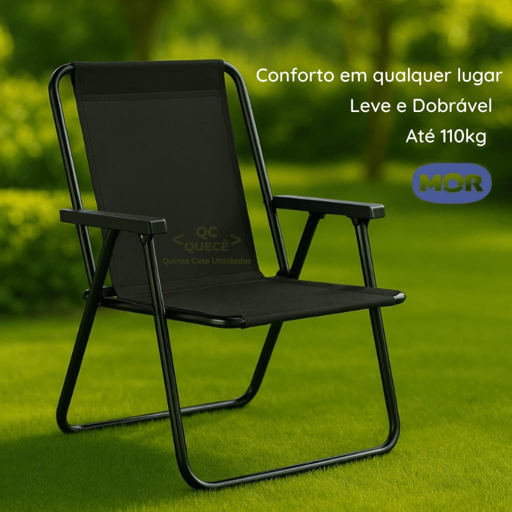 Cadeira Alta Preta MOR Dobrável Reforçada até 110kg Praia Varanda Camping Jardim