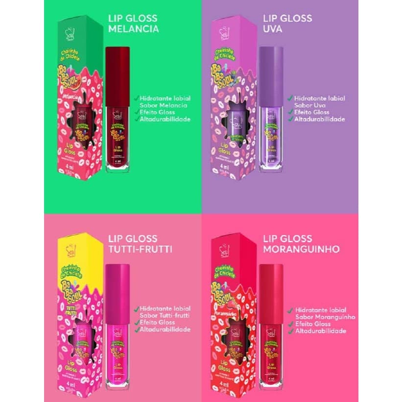 Kit 24 Lip Gloss Babasoul Atacado - Tuttii Frut Melancia Morango Uva - 24 Unid