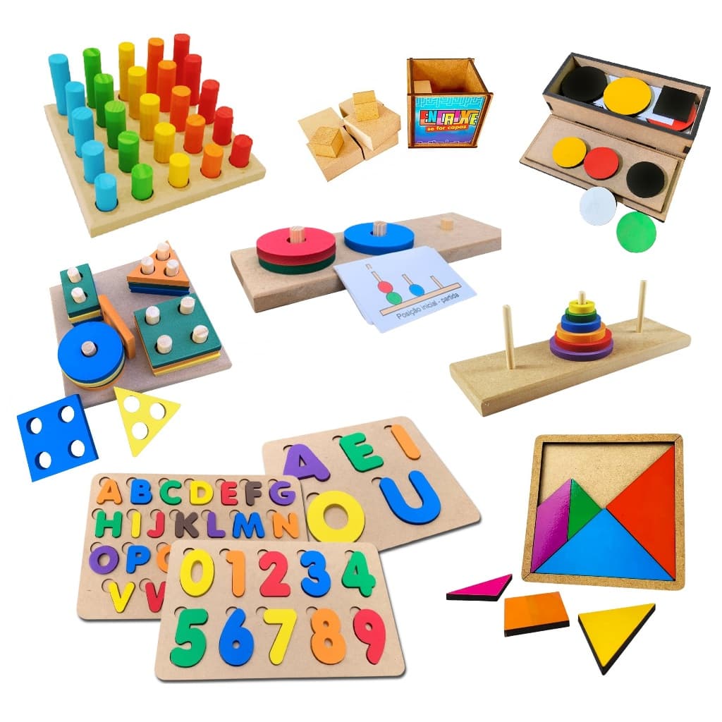 Kit 10x Brinquedo Pedagógico Autismo Autista Educativo Lúdico Montessori Escolar Madeira