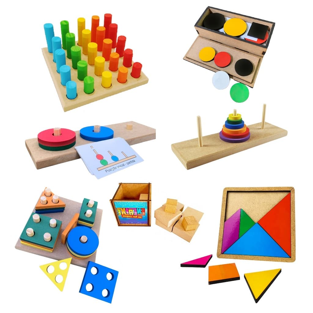 Kit 7x Brinquedo Educativo Pedagogico Autista Autismo Infanti Madeira Lúdico