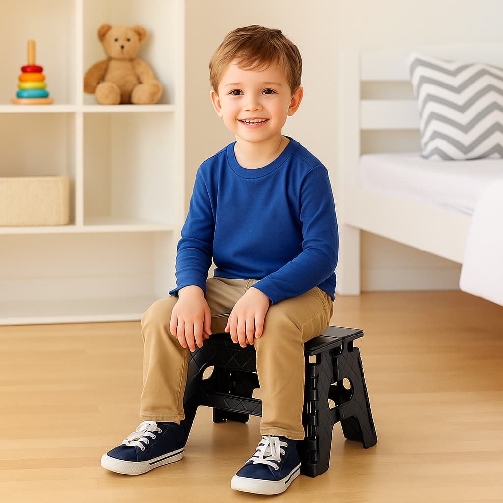 Banquinho Dobrável Infantil Portátil Preto Plástico Resistente 50kg Seguro Criança Leve Compacto