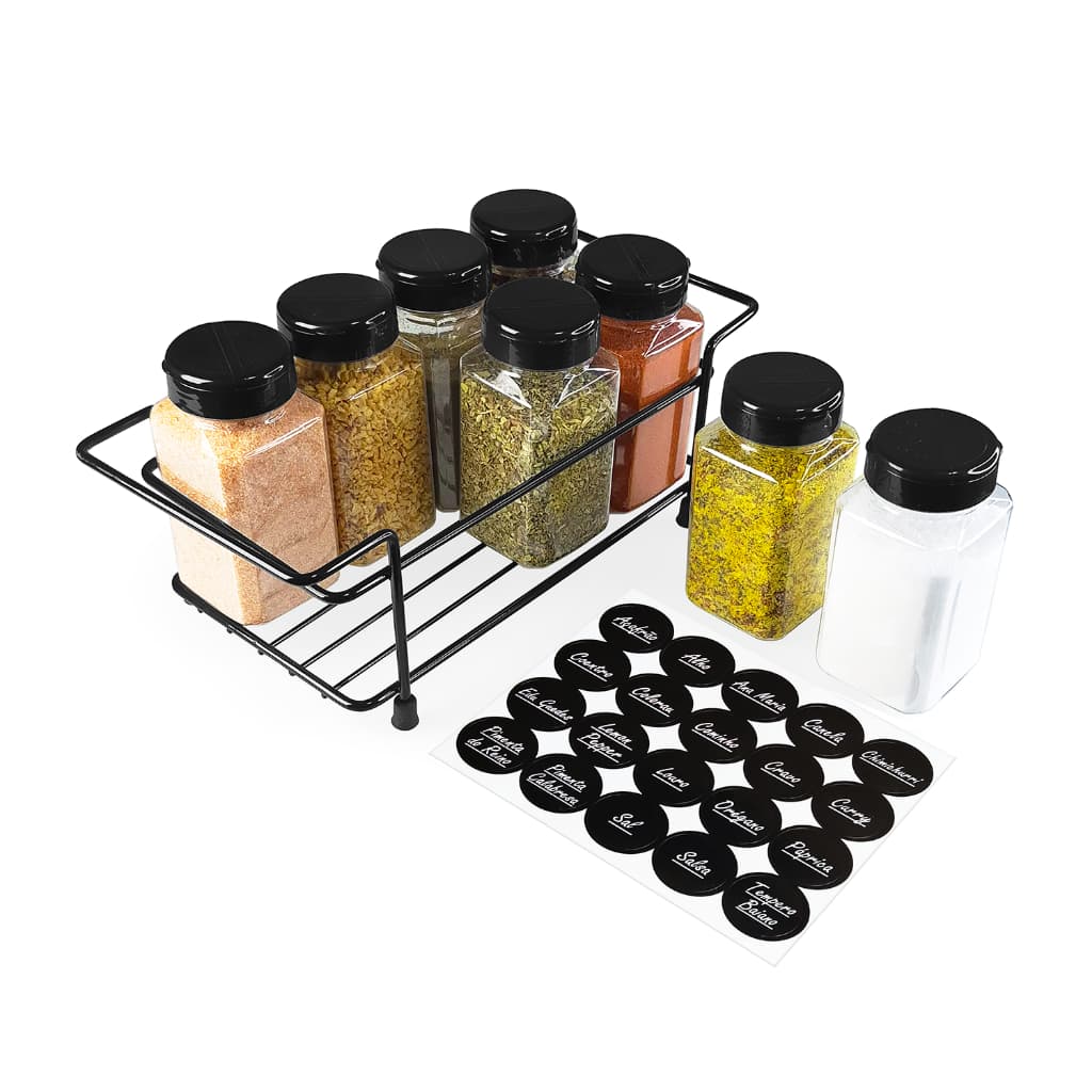 Porta Tempero de Ferro Cozinha Mesa Bancada com 8 Potes 220ml Tampa Dupla + Etiquetas Condimentos