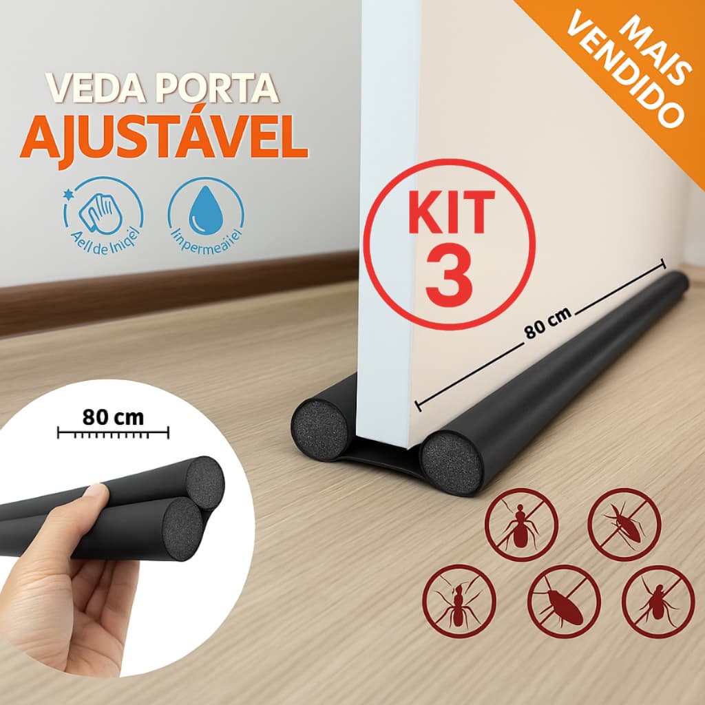 Kit 3 Veda Porta AJUSTÁVEL Proteção Protetor de Porta Impermeável Rolinho Duplo 80cm Comprimento Lançamento