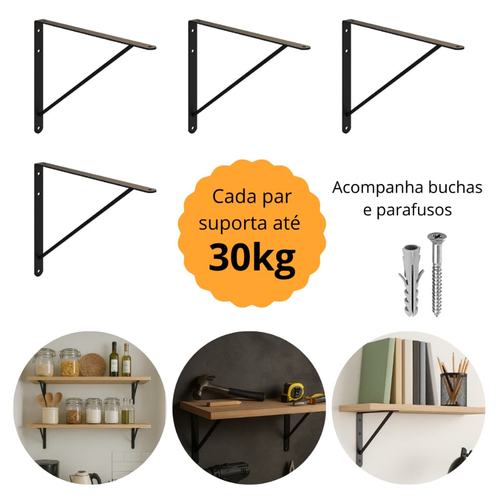 Kit 4 Suportes Cantoneiras Mão Francesas 20cm 25cm 30cm 35cm 40cm 50cm