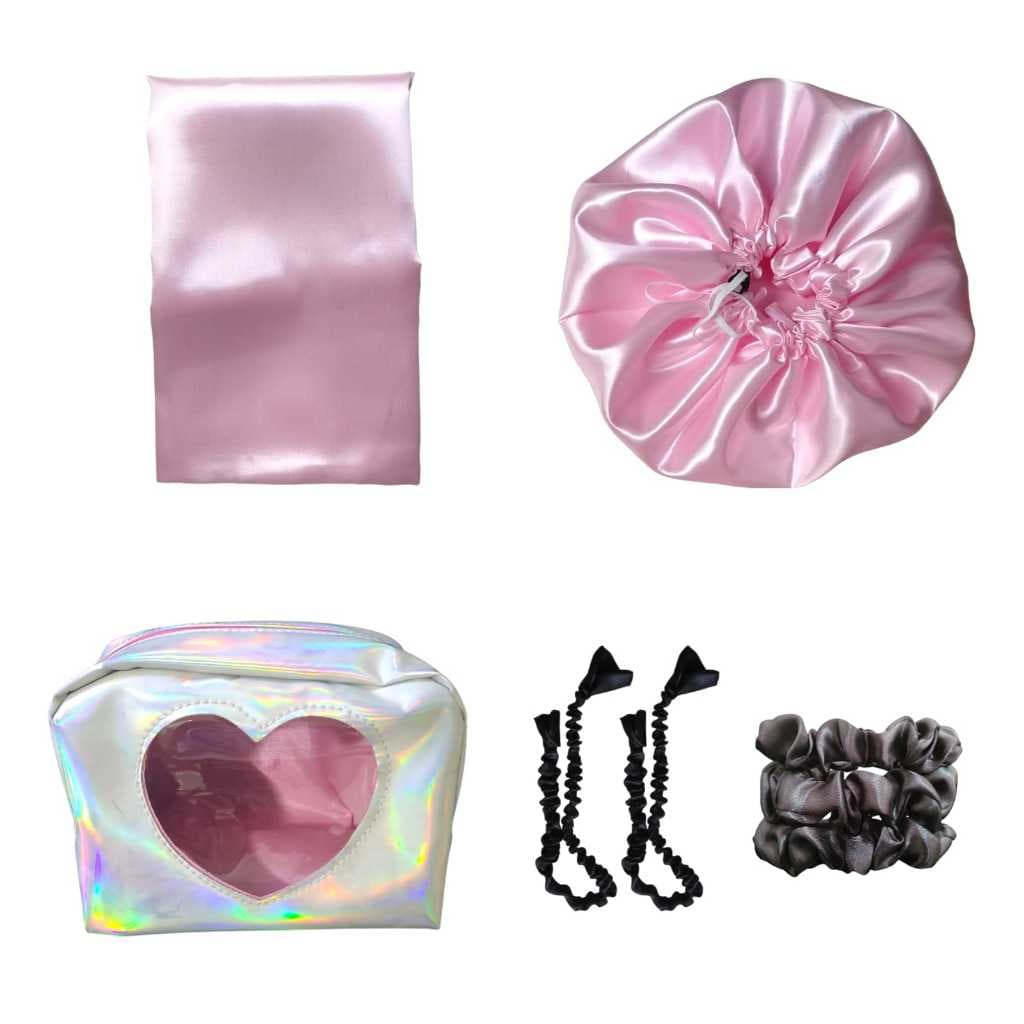 Kit Touca de Cetim, Fronha de Cetim, Scrunchie de Cetim, Afro Puff de Cetim e Necesssaire