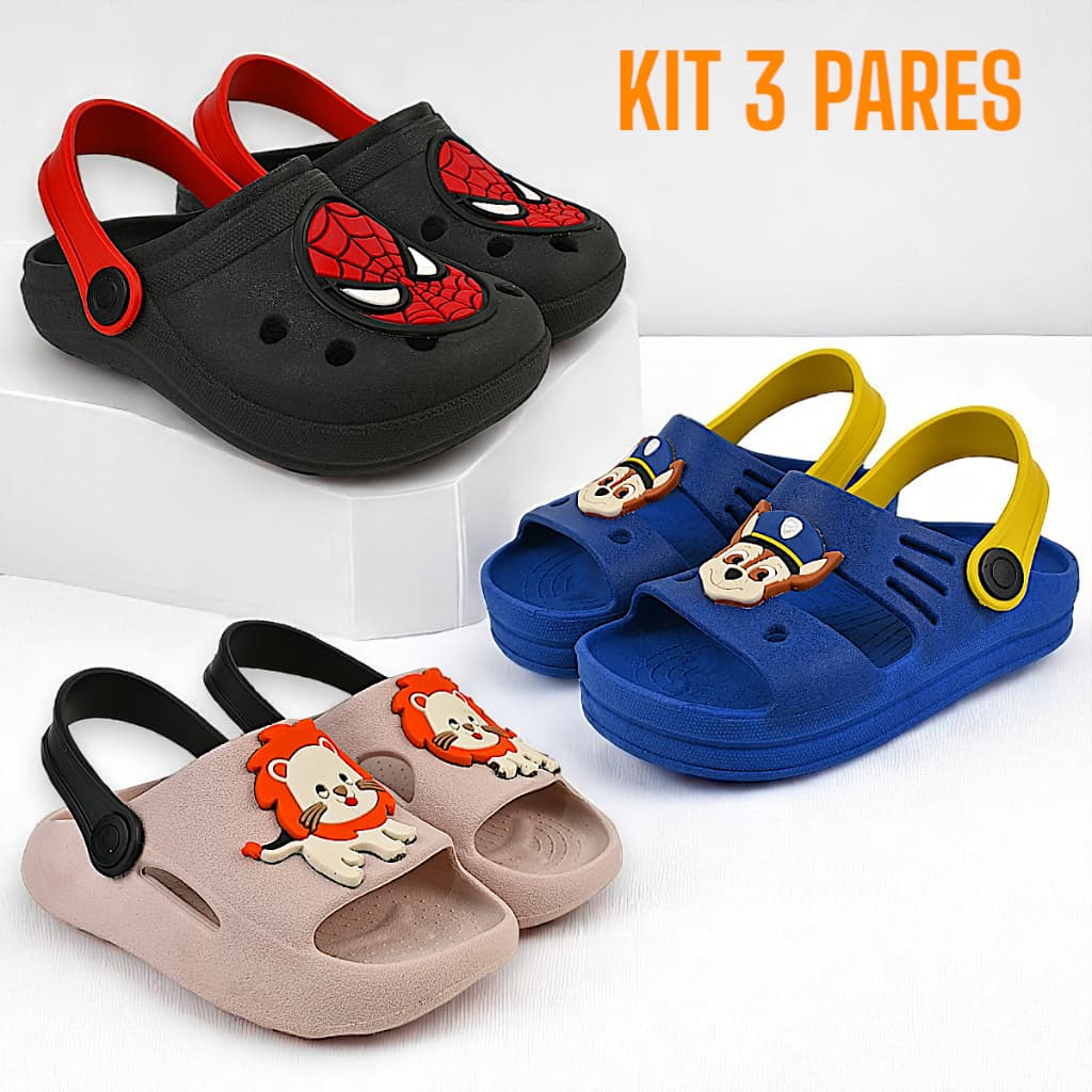 Kit 3 Pares Sandália Babuche Infantil Menino Papete Leve e Confortável