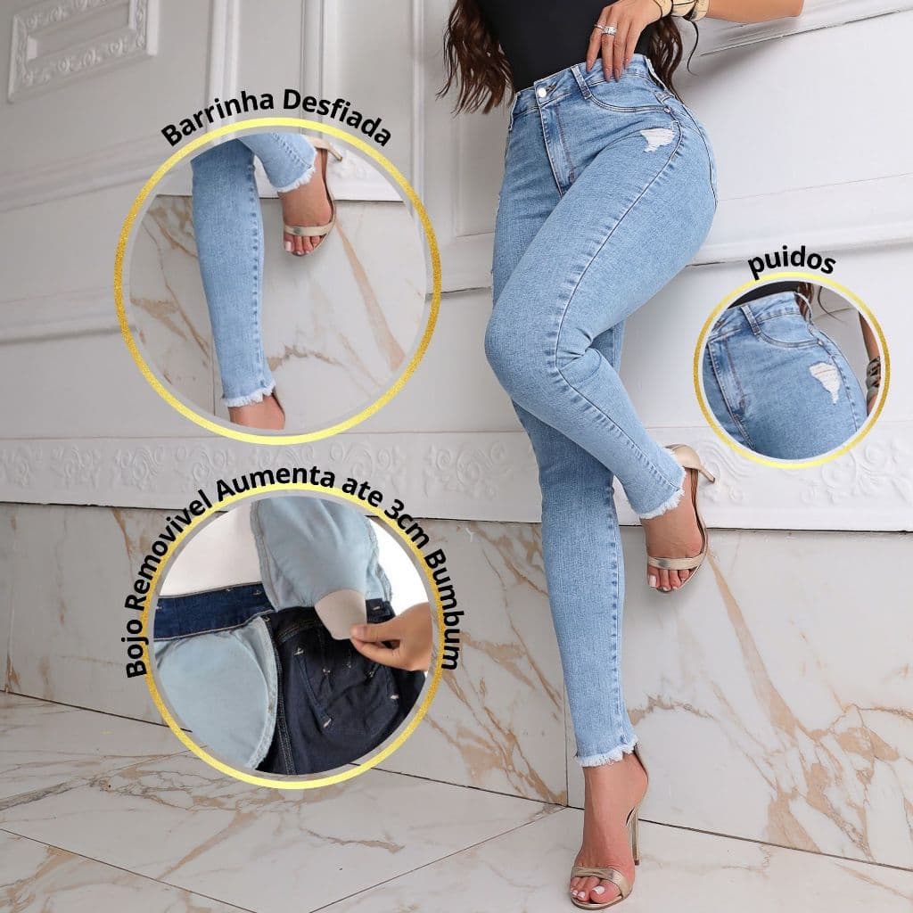 Calça Jeans Feminina com Bojo Interno Modela Bumbum, Modelagem Skinny e Tecido com Super Elastano
