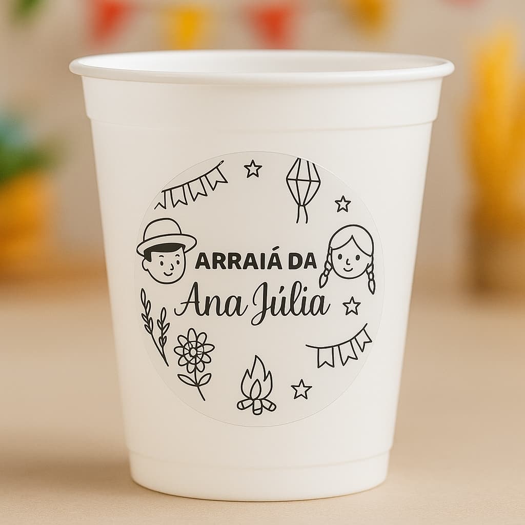 Adesivo  Festa Junina Arraiá Infantil Transparente Personalizado – Copos e Lembrancinhas