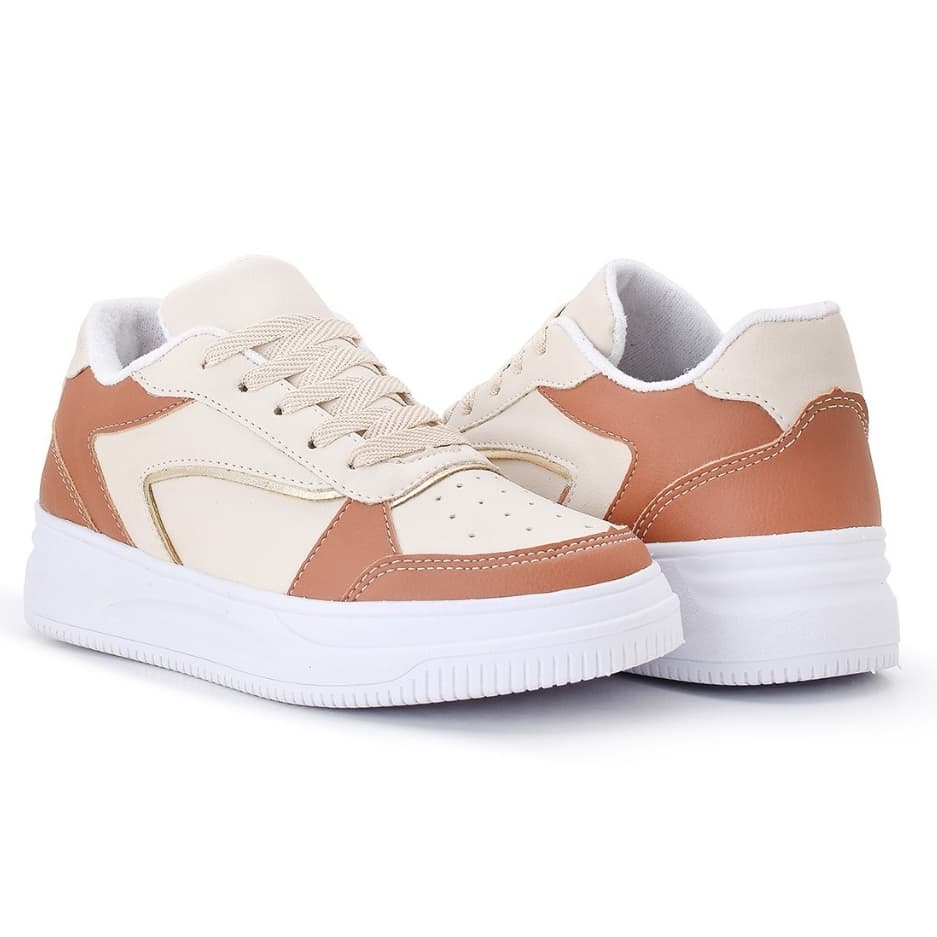Tênis Feminino Caramelo  Confortável Branco Casual Solado Macio e Leve