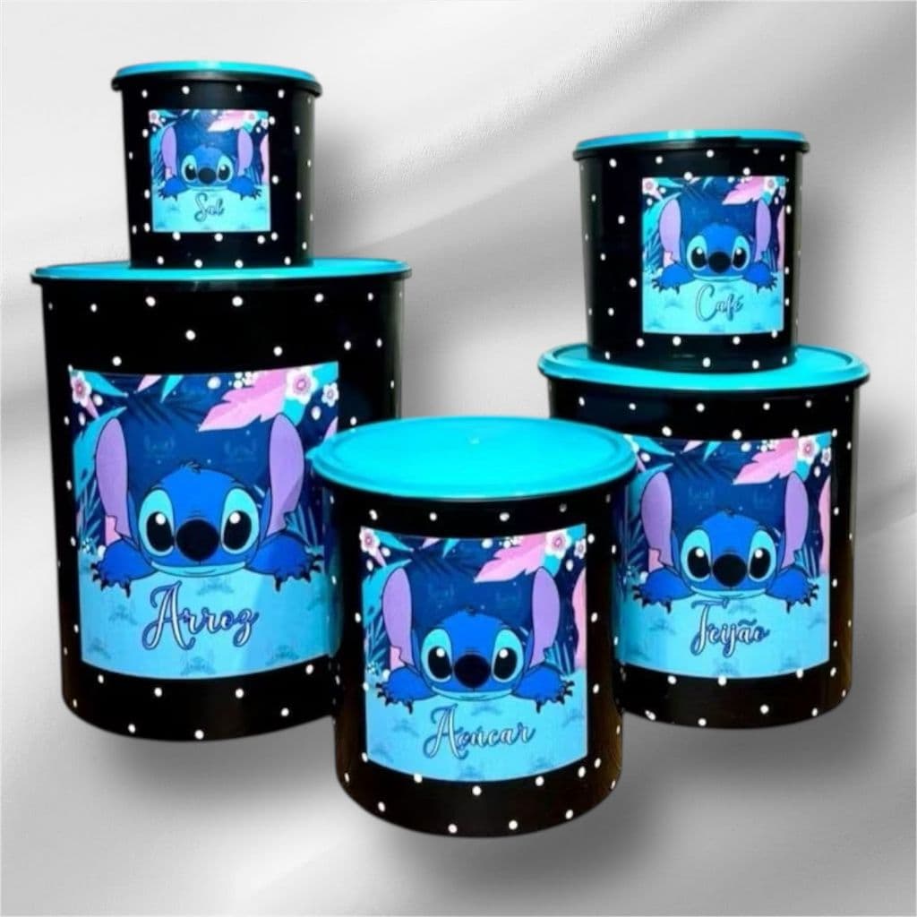 jogo para mantimentos 5 peças plastico vasilhas potes stitch