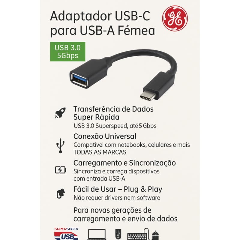 Kit com 2 ou 5 Adaptadores USB-C para USB-A Fêmea – GE | Super Rápido 5Gbps | 15cm